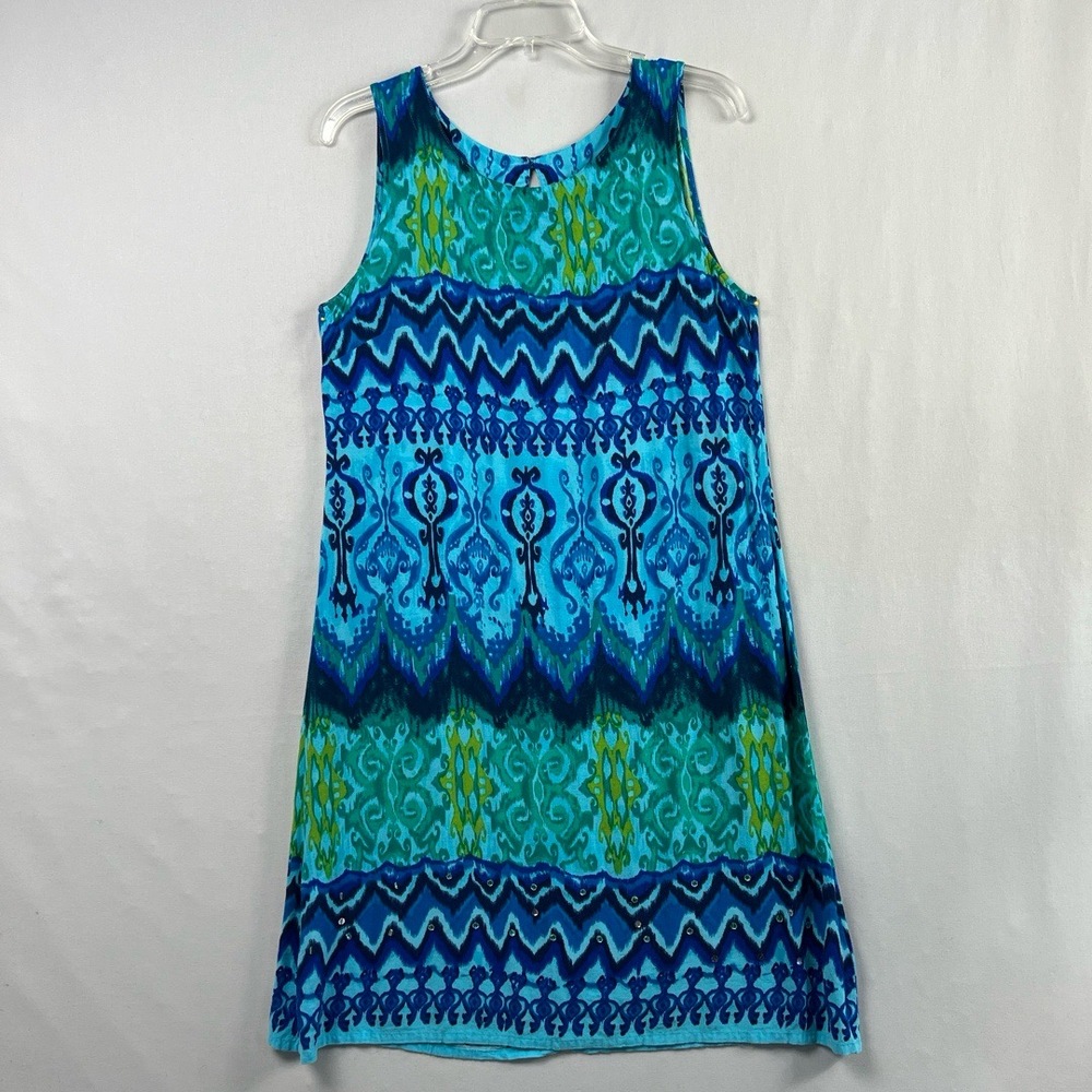 R&K Originals Tank Dress Womens 10 Blue Green Tropical Tribal Beach Casual Ikat